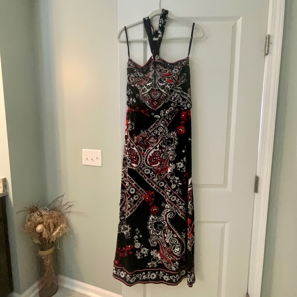 WHBM Black and Red Paisley Halter Maxi Dress